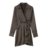 Solid Chic V-Neck Office Lady Satin Dresses For Women 2023 Women&#39;s Long Sleeve Gathered Pullovers Slim Elegant Female Dress