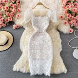 Zjkrl White Lace Dresses for Women Summer 2023 New Puff Sleeve Square Collar Back Zipper Hollow Out A-Line Evening Midi Dress