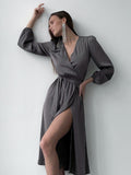 Long Dress Slit Deep v-Neck Temperament Elegant Casual Solid Color Long-Sleeved Robe Female With Belt For Party 2023 Fashion