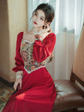 Vintage Victorian Style Red Dresses Woman Retro Cottage Jacquard Floral Lantern Sleeve Bandage Princess Dresses Vestido Festa