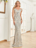 Zjkrl - Elegant V Neck Light Silver Sequin Evening Dress Women Sleeveless Party Maxi Dress Long Luxury Prom Gown Dresses