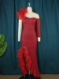Women Formal Party Dresses Off Shoulder One Sleeve Tiered Ruffle Slit Long Burgundy Lace Dress Elegant 2022 Prom Evening Gown