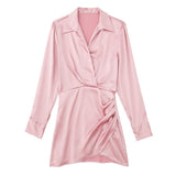 Solid Chic V-Neck Office Lady Satin Dresses For Women 2023 Women&#39;s Long Sleeve Gathered Pullovers Slim Elegant Female Dress