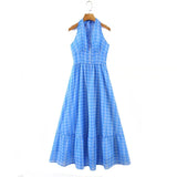 Romantic Women Blue Plaid Halter Long Dress Sexy Backless Sleeveless Ladies Holiday Summer Dresses Fairy Robe