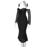 Zjkrl Women Chiffon Zipper Sexy Y2K Clothes Lace Up Halter Backless Long Sleeve Bodycon Midi Dress Outfits Party Club