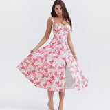Zjkrl Floral Printed Women Dress 2023 Summer Elegant Solid Slim Sleeveless Slip Female Side Split Waist Lady A-line Robe