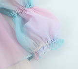Zjkrl - 2023 Women Gradient Rainbow Print Organza Dress Vintage Puff Sleeve Sexy Backless Ladies Party Mini Robe Fairy Cake Dress