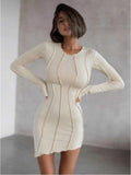 Zjkrl - Sexy Solid Patchwork O Neck Mini Dress Women Autumn Bodycon Long Sleeve Slim Fit Elegant Party Club Vestido