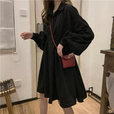 Shirt Dress Women Korean Style Polo Collar Black Long Sleeve Wrap Mini Dress Casual Solid Kpop Clothes Woman