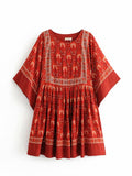 Zjkrl Vintage Chic Fashion Women Red Floral Print O-neck Loose Bohemian Mini Dresses Ladies Batwing Sleeve Cotton Beach Boho Dress