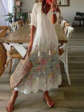 Zjkrl Summer Fashion Floral Print Holiday Long Dress Casual Loose Drawstring Half Sleeve Dress Women V Neck Chic Ruffled Boho Dresses