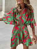 Zjkrl - 2023 Summer Irregular Mini Dress For Women Fashion Print Casual Bohemia Vacation Sundress Women&#39;s Bat Sleeve Ruffles Dresses