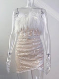 Sexy Luxury High Waist Short Dress Women 2023 Spring Strapless Feathers Sequins Tunic Bodycon Package Hip Festival Party Dresses