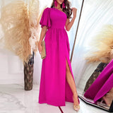 Sexy Off Shoulder High Waist Slit Long Dress Fashion Lady Diagonal Collar Backless Party Dress Casual Pleated Short Sleeve Dress