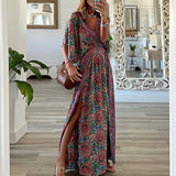 Zjkrl Retro V-Neck Batwing Sleeve Long Dress Sexy Hollow Out High Waist Slit Boho Dress Women Elegant Floral Print Pleated Beach Dress