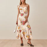 Zjkrl - Dresses For Women 2023 Elegant Vintage Floral Dress Frill Sweetheart Neck Sleeveless Strap Tie Ruffle Hem Summer Beach Dress