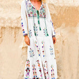 Zjkrl - Boho Inspired floral embroidered long Sleeve white dress women V-neck tassel boho dress maxi chic style dress gypsy vestido