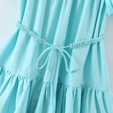 Zjkrl New Women Vintage Drawstring Waist Sky Blue Dress Puff Short Sleeve Ladies Holiday Summer Casual Dress Short Vestido