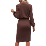 Zjkrl - Autumn and Winter Women&#39;s Threaded Waist Lantern Temperament Elegant Round Neck Long Sleeve Sexy Slit Bag Hip One-step Dress