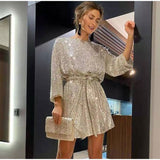 Zjkrl Women Solid Sexy Sequins Mini Dress Female Fashion Long Sleeve Clothes Lady Elegant Evening Party Club Festival Dress