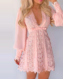 Zjkrl - 2023 New Women Autumn Boho Fashion Elegant Dresses Sexy V Neck Solid Sheer Mesh Long Puff Sleeve Butterfly White Lace Mini Dress