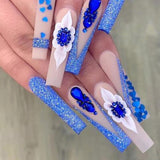 Zjkrl - 24Pcs Full Cover False Nails Red Rhinestone Planet Long Ballerina Coffin Nail Tips Detachable Fake Nails Press on Nails Manicure