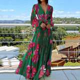 Spring Vintage Floral Print Pleated Maxi Dress Women V Neck Long Sleeve Bohemian Dress Fashion Chiffon Waist Holiday Dress