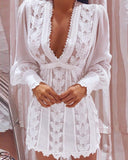 Zjkrl - 2023 New Women Autumn Boho Fashion Elegant Dresses Sexy V Neck Solid Sheer Mesh Long Puff Sleeve Butterfly White Lace Mini Dress