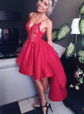 Spaghetti Straps High Low Homecoming Dress With Appliques V Neck Red Satin Cocktail Dresses Short Front Long Behind Prom Dresses