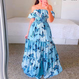 Zjkrl Sexy Off The Shoulder Tube Top Dress Butterfly Rainbow Floral Print Dress Ladies Elegant Slim Summer Bohemian Party Maxi Dresses