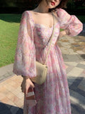 Zjkrl - French Vintage Long Sleeve Dress Woman Fairy Elegnat Floral Midi Dress Evening Party One Piece Korean 2022 Summer Chiffon Beach