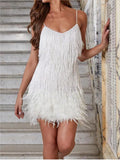 Sequins Tassel Feather Spaghetti Strap Dress Women Fashion Sexy Stitching Mini Dress Evening Party Club Elegant Dress