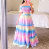 Zjkrl Sexy Off The Shoulder Tube Top Dress Butterfly Rainbow Floral Print Dress Ladies Elegant Slim Summer Bohemian Party Maxi Dresses