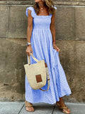 Zjkrl - 2023 New Summer Ruffle Sleeve Long Dress Retro Plaid Printed Beach Maxi Dress Women Sexy Square Neck Loose Hem A-Line Dress