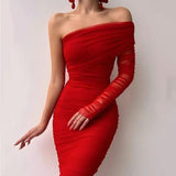 Sexy Diagonal Collar Wrap Mesh Long Dresses Women One Shoulder Sleeve Waist Solid Party Dress Autumn Dignified Bridesmaid Dress