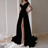 Zjkrl - Female Elegant Temperament Party Dresses Fashion V-neck Sleeveless High Waist Long Dress Solid Pleated Split Women Evening Dress