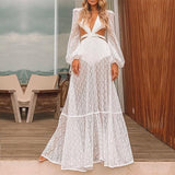 Zjkrl Sexy V-Neck Backless Hollow Out Dress 2023 Summer Women Lantern Sleeve Club Party Long Maxi Dresses Tunic Beach Cover Up A916