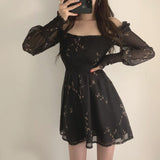 Zjkrl - Korean Vintage Flower Black Dress Women Long Puff Sleeve Chiffon Spring Dresses Casual Mini Dress Vestidos Mujer Clothes