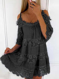 Zjkrl Women Lace Round Neck Mini Dress Spring Summer Hollow Out Short Sleeve Patchwork Dress Loose Off Shoulder Beach Dress Vestidos