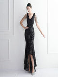 Zjkrl - Elegant Women Beading Sleeve Long Prom Mermaid Dress Sexy Deep V Neck Sequin Evening Party Maxi Dress