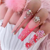 Zjkrl - 24Pcs Full Cover False Nails Red Rhinestone Planet Long Ballerina Coffin Nail Tips Detachable Fake Nails Press on Nails Manicure