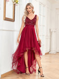 Zjkrl - Elegant V-Neck Sleeveless Sequin Floor Length Evening Dress Red Prom Party Luxury Cocktail Dress Robe For Women