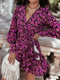 Zjkrl - Elegant Ruffles V Neck Red Long Lantern Sleeve Print Wrap Dress