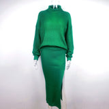 Women Casual Solid Knitted Slim Sweater Warm Suit Long Sleeve Stand Collar Pullover and Side Split Skirt Winter New Fashion