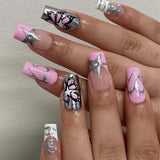 Zjkrl - 24pcs/box Fake French y2k Nails Press On Long Stiletto Almond Shape Wearable False Nails With Stars Designs Full Cover Nail Tips
