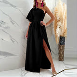 Sexy Off Shoulder High Waist Slit Long Dress Fashion Lady Diagonal Collar Backless Party Dress Casual Pleated Short Sleeve Dress