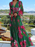 Zjkrl Elegant Printed Chiffon Party Dress Women Sexy V-neck Split Boho Long Dress Casual Long Sleeve Crossover Belt Beach Cover Up