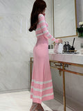 New Korean Fashion Casual Striped Knitted 2 Piece Set Women Sweater Cardigan Tops + Long Skirt Sets Female Sweet Two Piece Suits