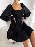 Women Elasticity Dress Ruffle High Waist Tight A-line Dress Pullover Square Collar Long Sleeve Ruffled Dresses
