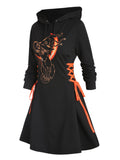 Women Gothic Hooded Dress Slight Stretch Sweatshirt Dresses Cat Hat Moon Print Tie Long Sleeve A-Line Mini Casual Dress